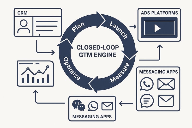 Modern clean illustration depicting a closedloop GTM engine a circular loop labeled Plan  Launch  Measure  Learn  Optimize connected to a CRM dashboard ads platforms and messaging apps WeChat WhatsApp Email Include analytics charts and feedback arrow